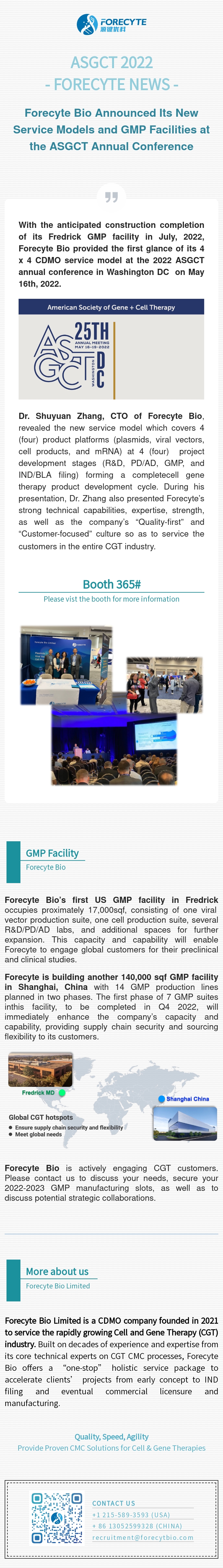 Forecyte Bio Announced Its New Service Models and GMP Facilities at the ASGCT Annual Conference 